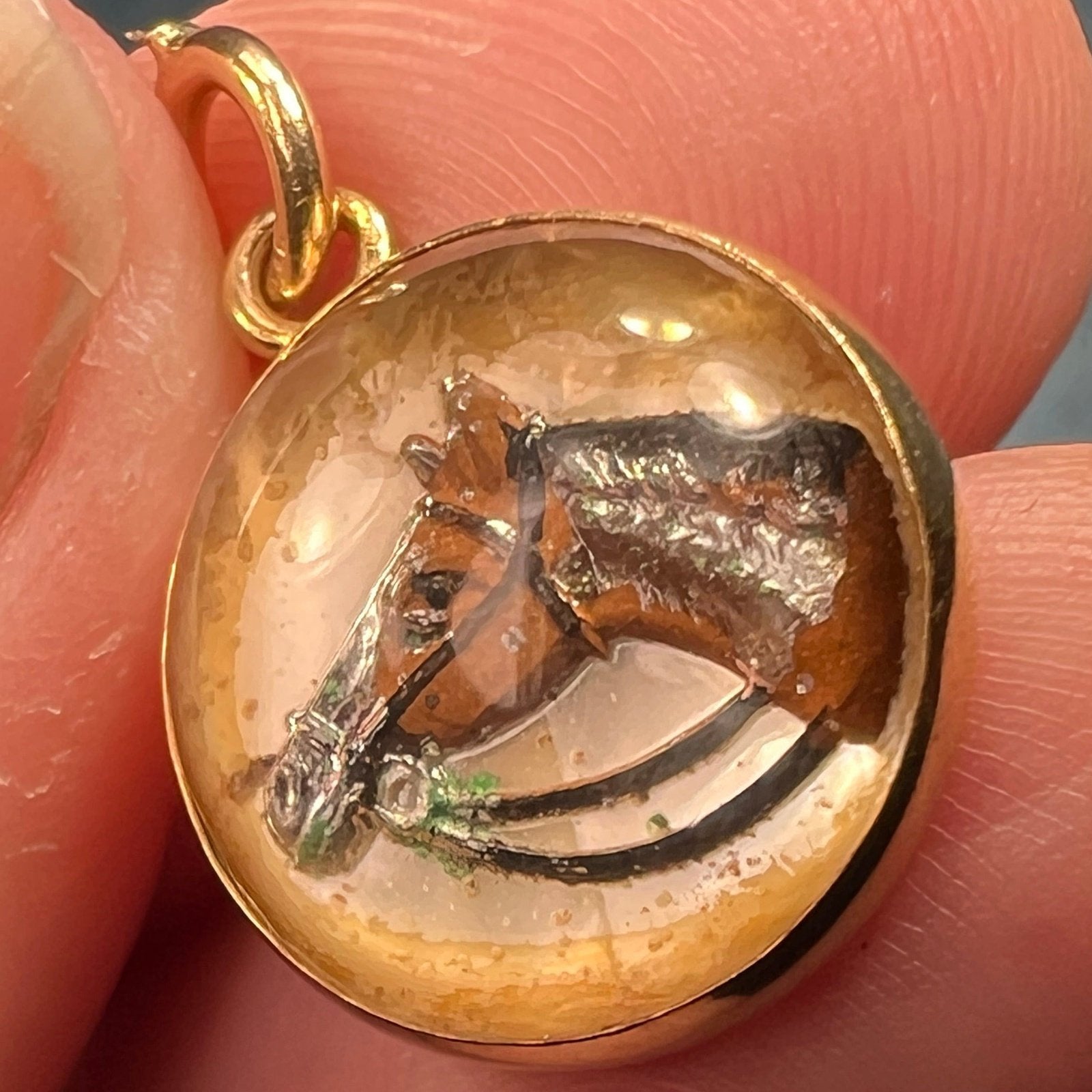 14k Gold Reverse Painted Essex Crystal Horse BUBBLE Pendant *Video*