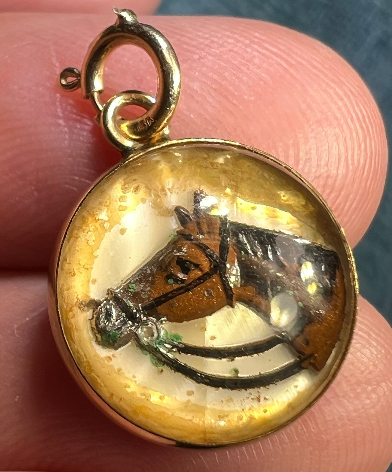 14k Gold Reverse Painted Essex Crystal Horse BUBBLE Pendant *Video*