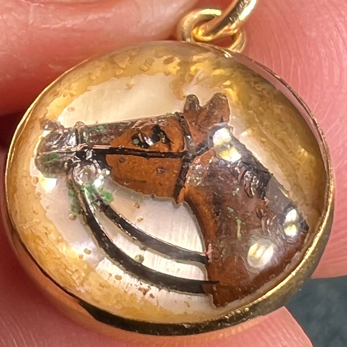 14k Gold Reverse Painted Essex Crystal Horse BUBBLE Pendant *Video*