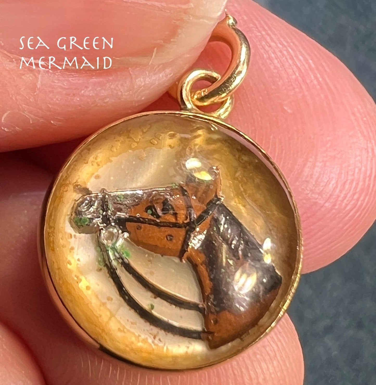 14k Gold Reverse Painted Essex Crystal Horse BUBBLE Pendant *Video*