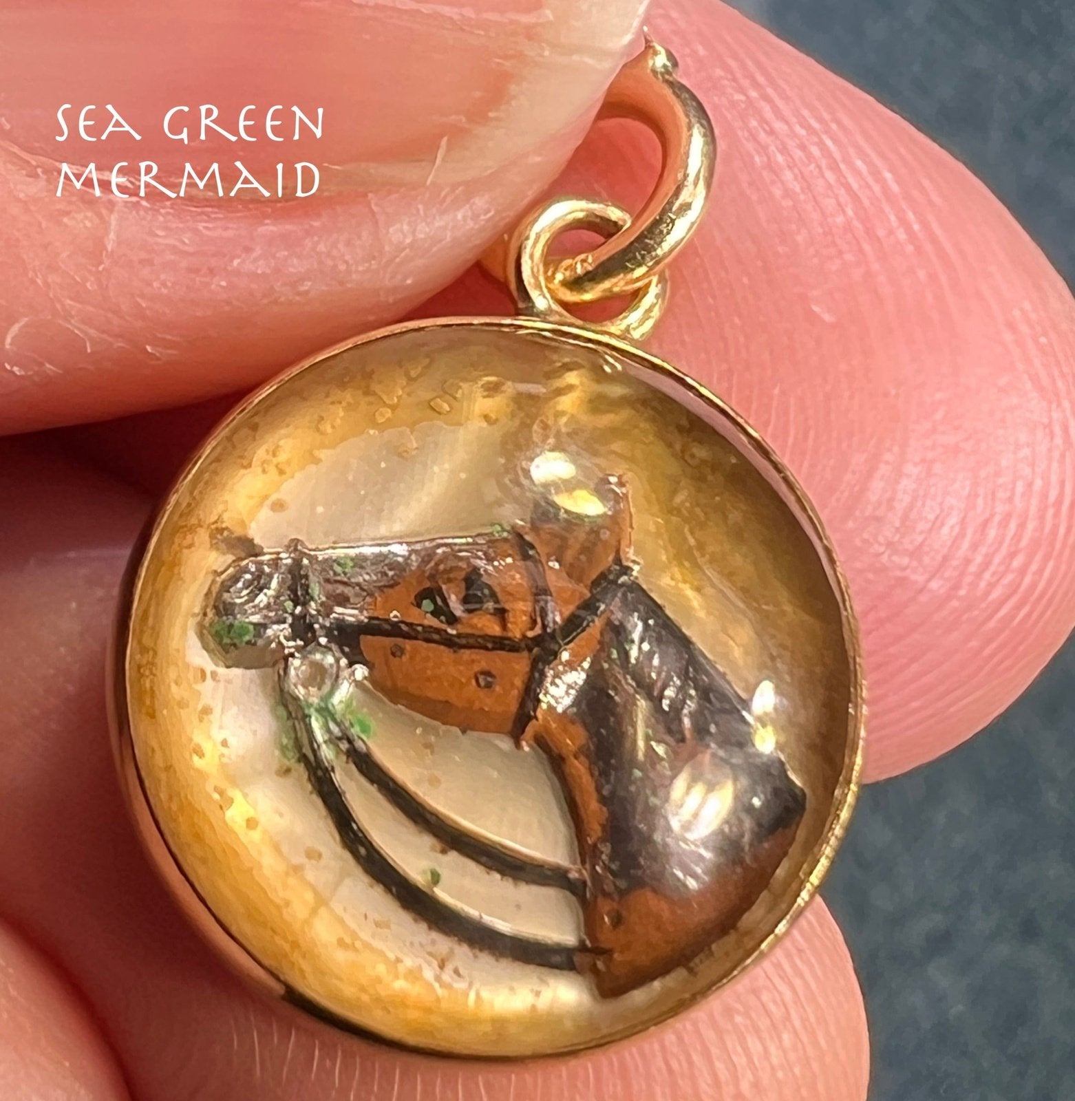 14k Gold Reverse Painted Essex Crystal Horse BUBBLE Pendant *Video*
