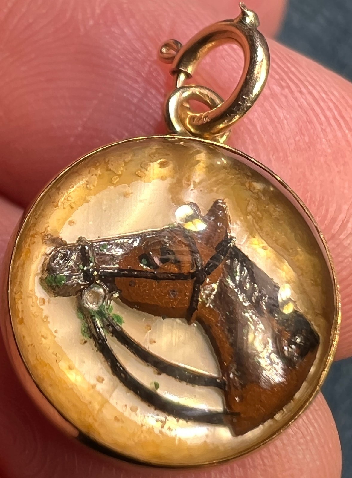 14k Gold Reverse Painted Essex Crystal Horse BUBBLE Pendant *Video*