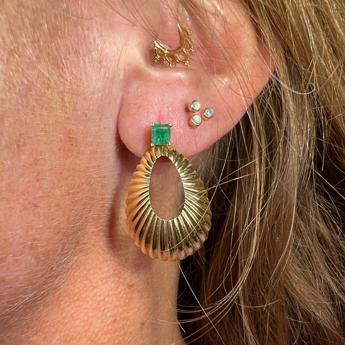 14k Gold Ribbed Shrimp Shell Earring Jacket Enhancers. 1.2" Teardrops