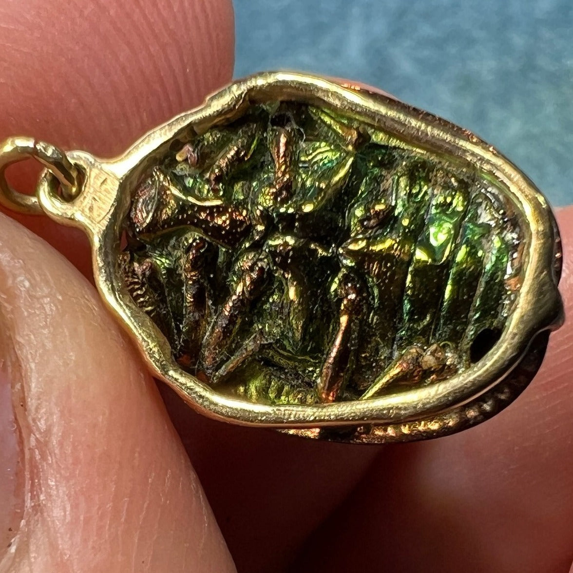 14k Gold SCARAB Egyptian Sacred Beetle Pendant. Victorian Antique B Sea Green Mermaid