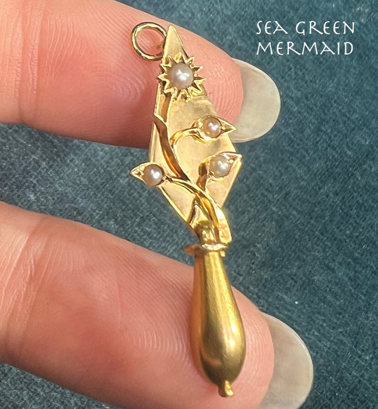 14k Gold Seed Pearl Gardener's Trowel + Flowers Pendant. Antique