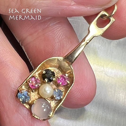 14k Gold Shovel Full of Gems Pendant. Blue Sapphire, Moonstone, Ruby