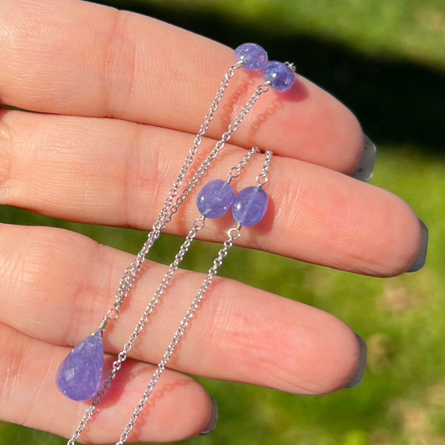 14k Gold Tanzanite Cabochon Necklace w Droplet Pendant. Periwinkle!