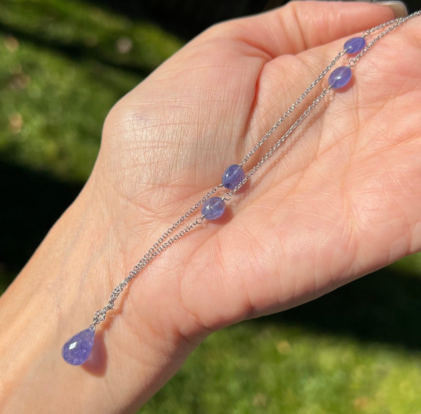 14k Gold Tanzanite Cabochon Necklace w Droplet Pendant. Periwinkle!