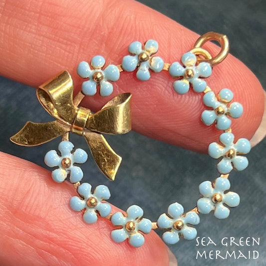 14k Robins Egg Blue Enamel Forget-Me-Not Wreath Pendant. 1.2"