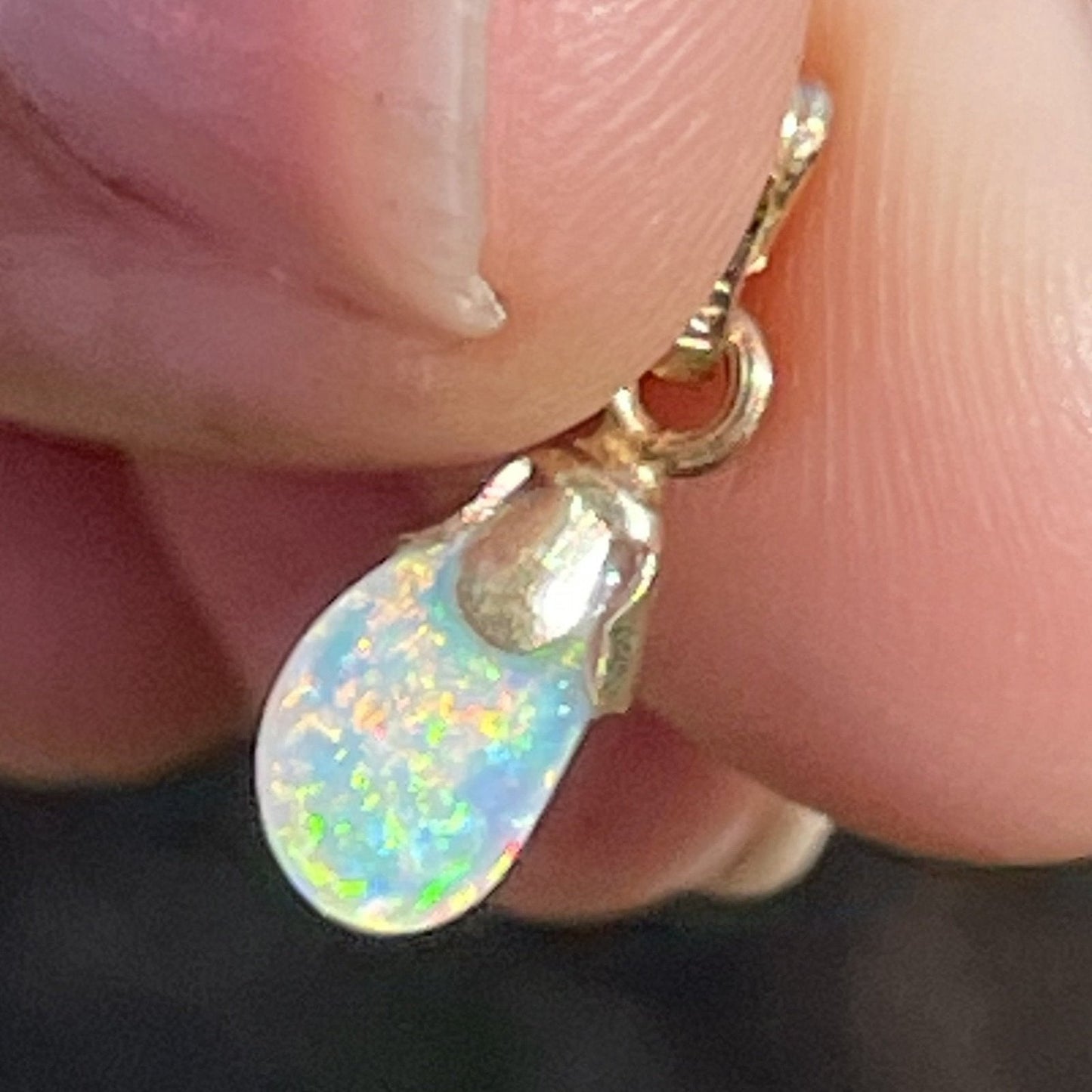 14k Tiny 1/2" DROPLET Australian Crystal Opal Pendant *VIDEO*