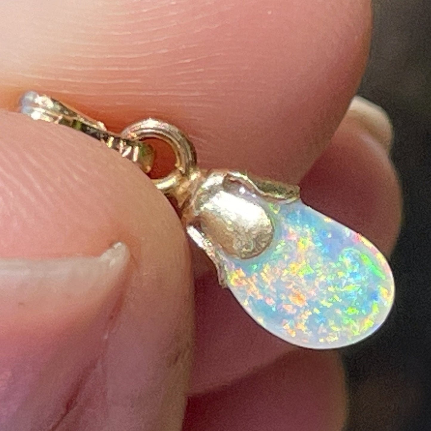 14k Tiny 1/2" DROPLET Australian Crystal Opal Pendant *VIDEO*
