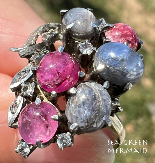 14k White Gold 4 TCW Ruby + Sapphire Cabochon Ring *Video*