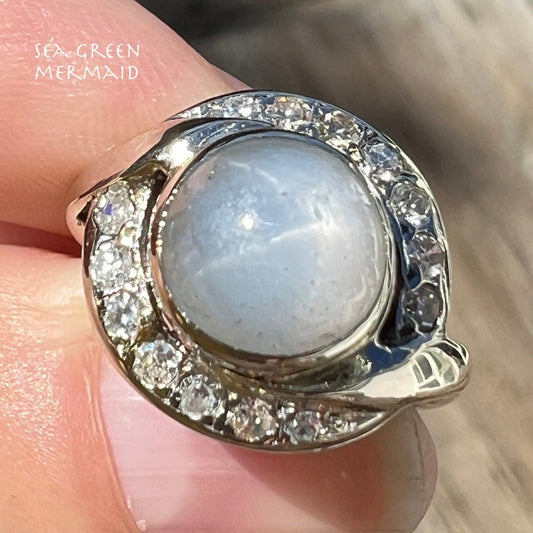 14k White Gold 5 Ct Gray Star Sapphire Ring w Diamond Halo *Video*