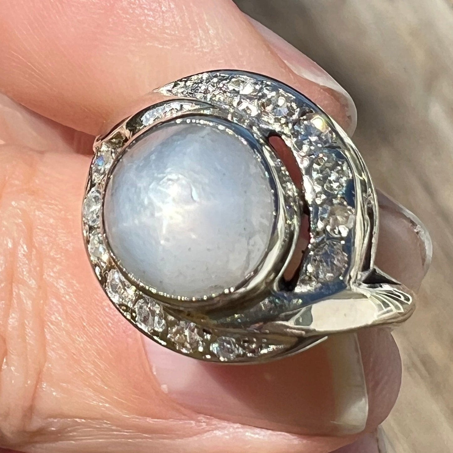 14k White Gold 5 Ct Gray Star Sapphire Ring w Diamond Halo *Video*