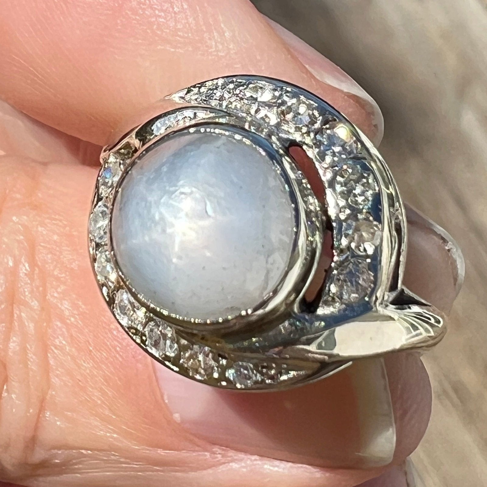 14k White Gold 5 Ct Gray Star Sapphire Ring w Diamond Halo *Video*