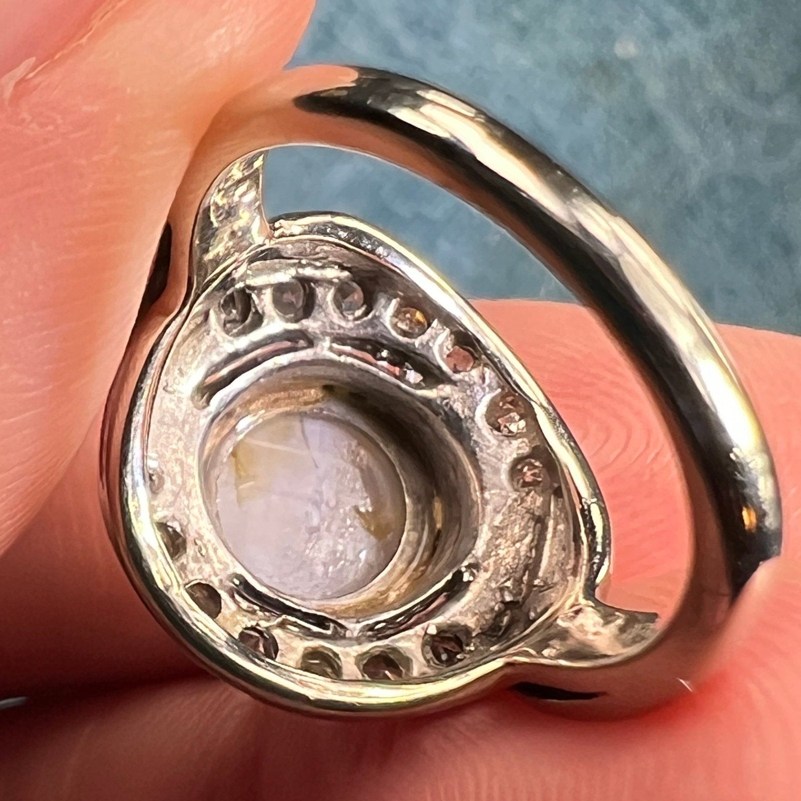 14k White Gold 5 Ct Gray Star Sapphire Ring w Diamond Halo *Video*