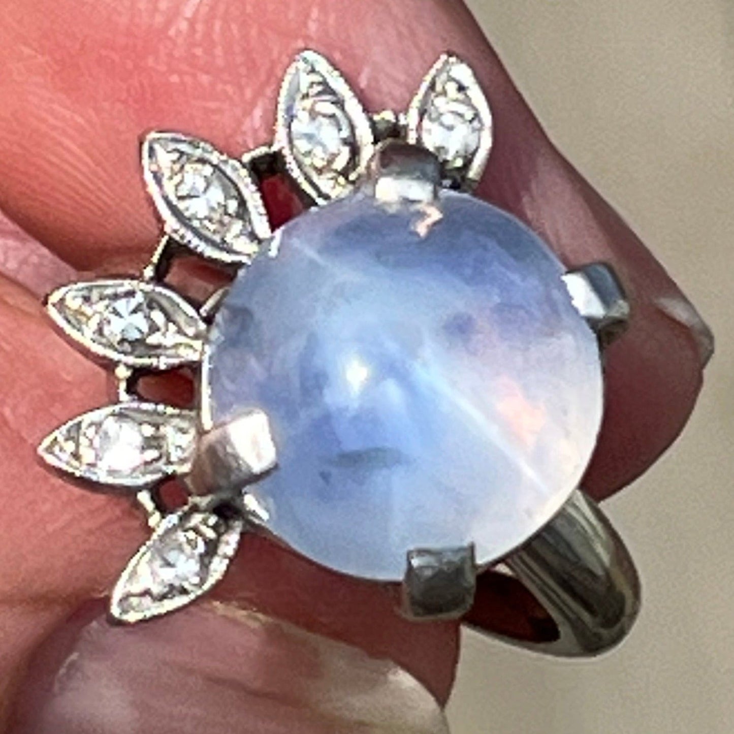 14k White Gold 8 Ct Lavender Gray Star Sapphire Ring w Diamond Halo *Video*