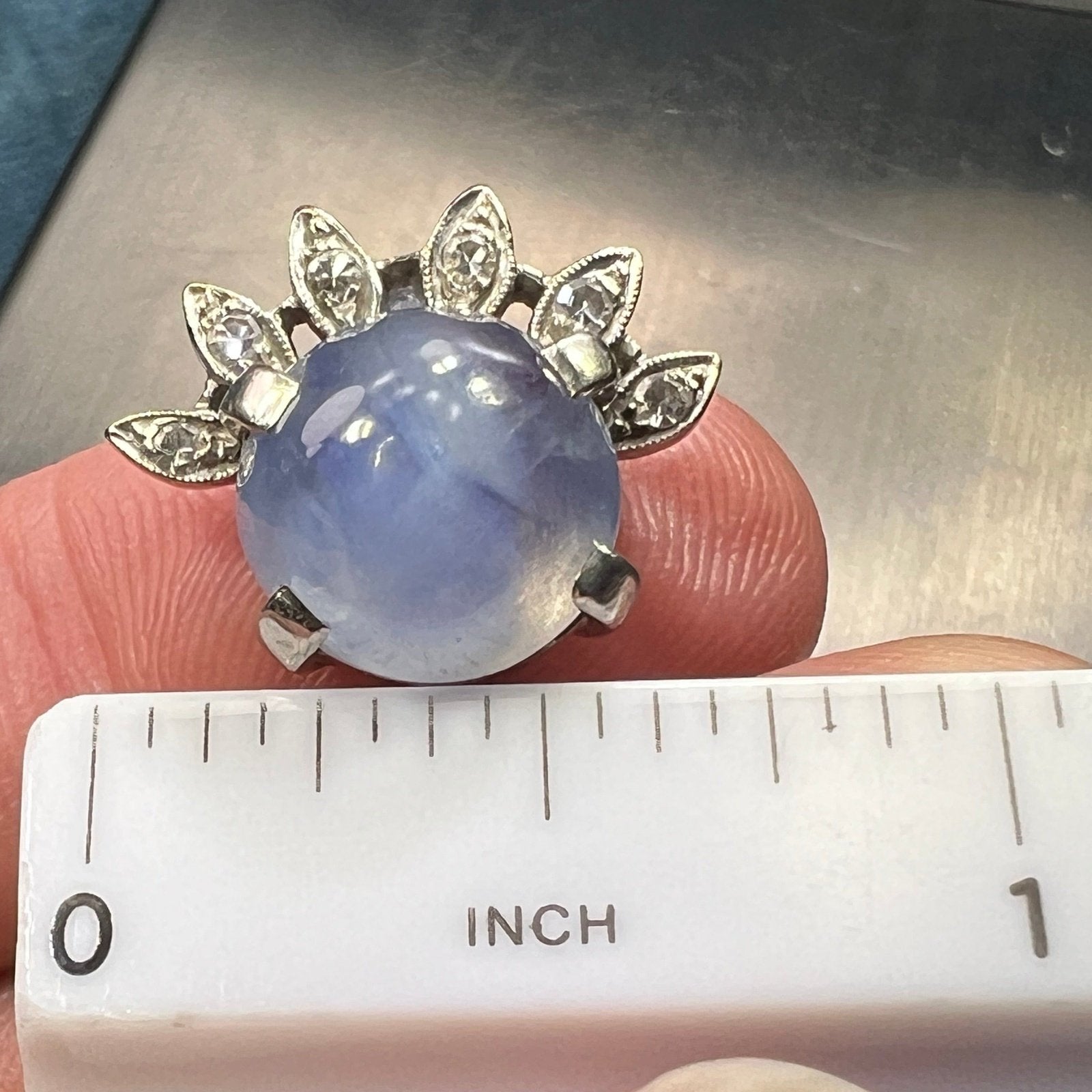 14k White Gold 8 Ct Lavender Gray Star Sapphire Ring w Diamond Halo *Video*