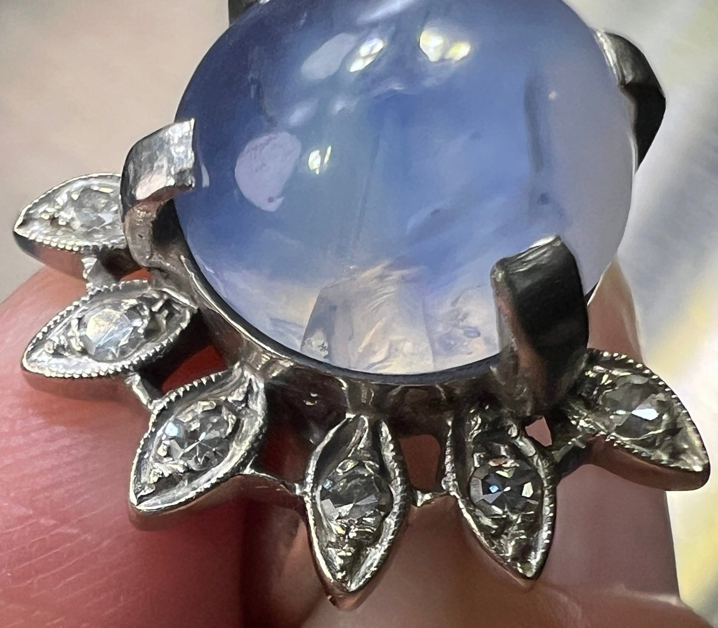 14k White Gold 8 Ct Lavender Gray Star Sapphire Ring w Diamond Halo *Video*