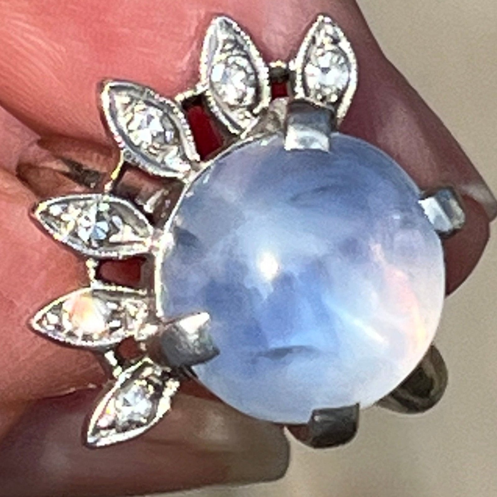 14k White Gold 8 Ct Lavender Gray Star Sapphire Ring w Diamond Halo *Video*