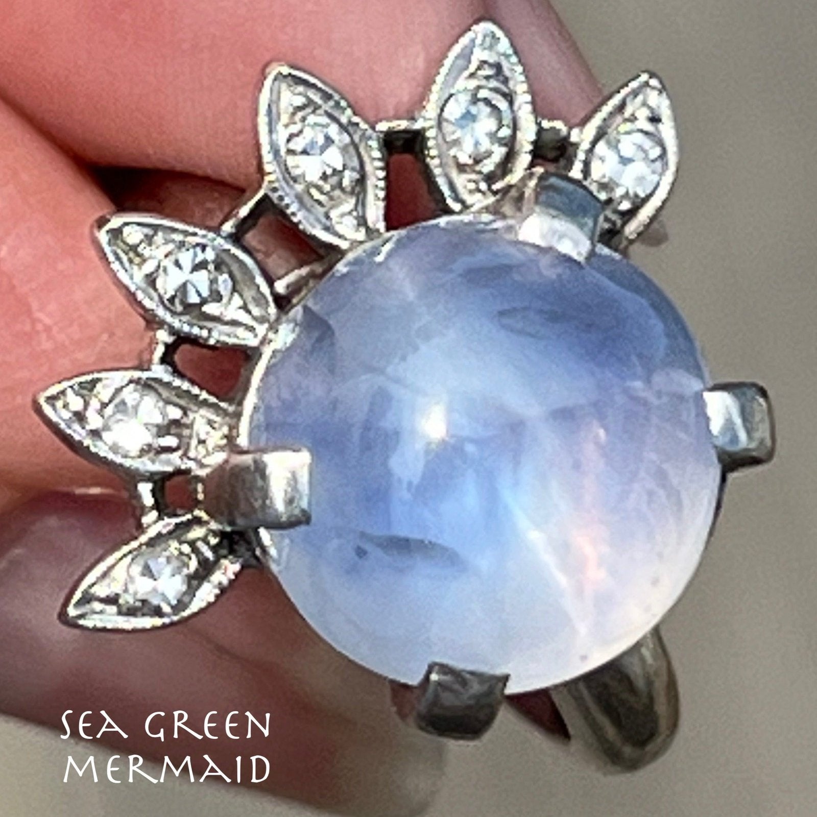 14k White Gold 8 Ct Lavender Gray Star Sapphire Ring w Diamond Halo *Video*