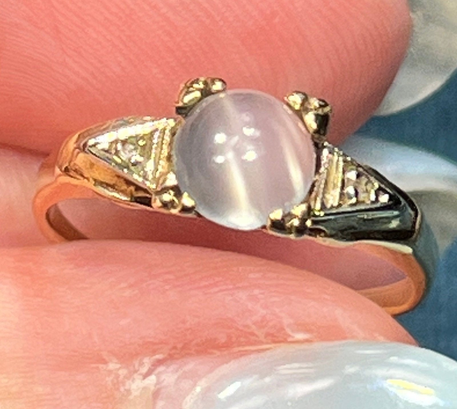 14k White Gold Cats-Eye MOONSTONE + Diamond Deco Ring *Video*