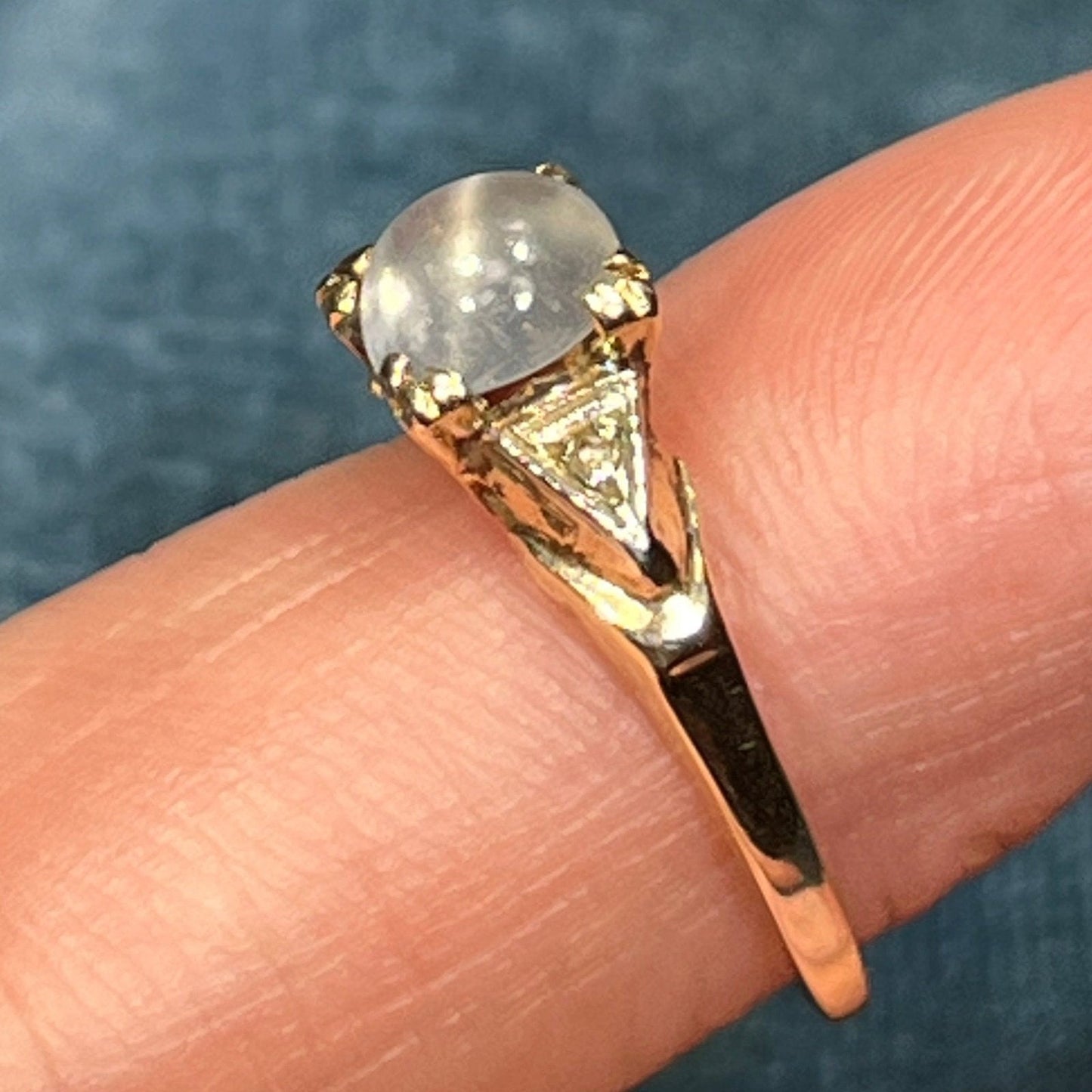 14k White Gold Cats-Eye MOONSTONE + Diamond Deco Ring *Video*