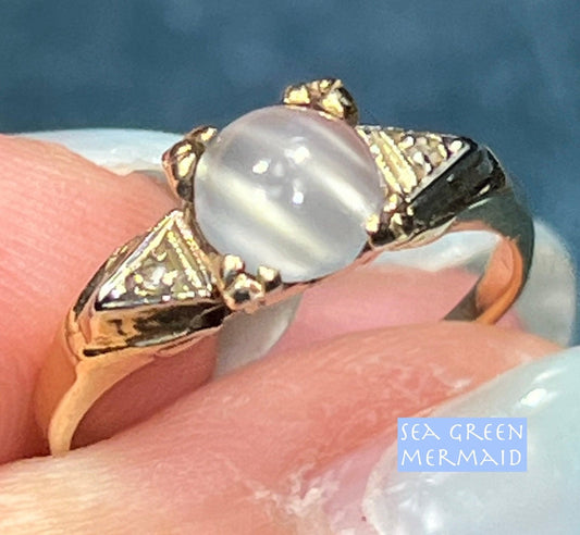 14k White Gold Cats-Eye MOONSTONE + Diamond Deco Ring *Video*