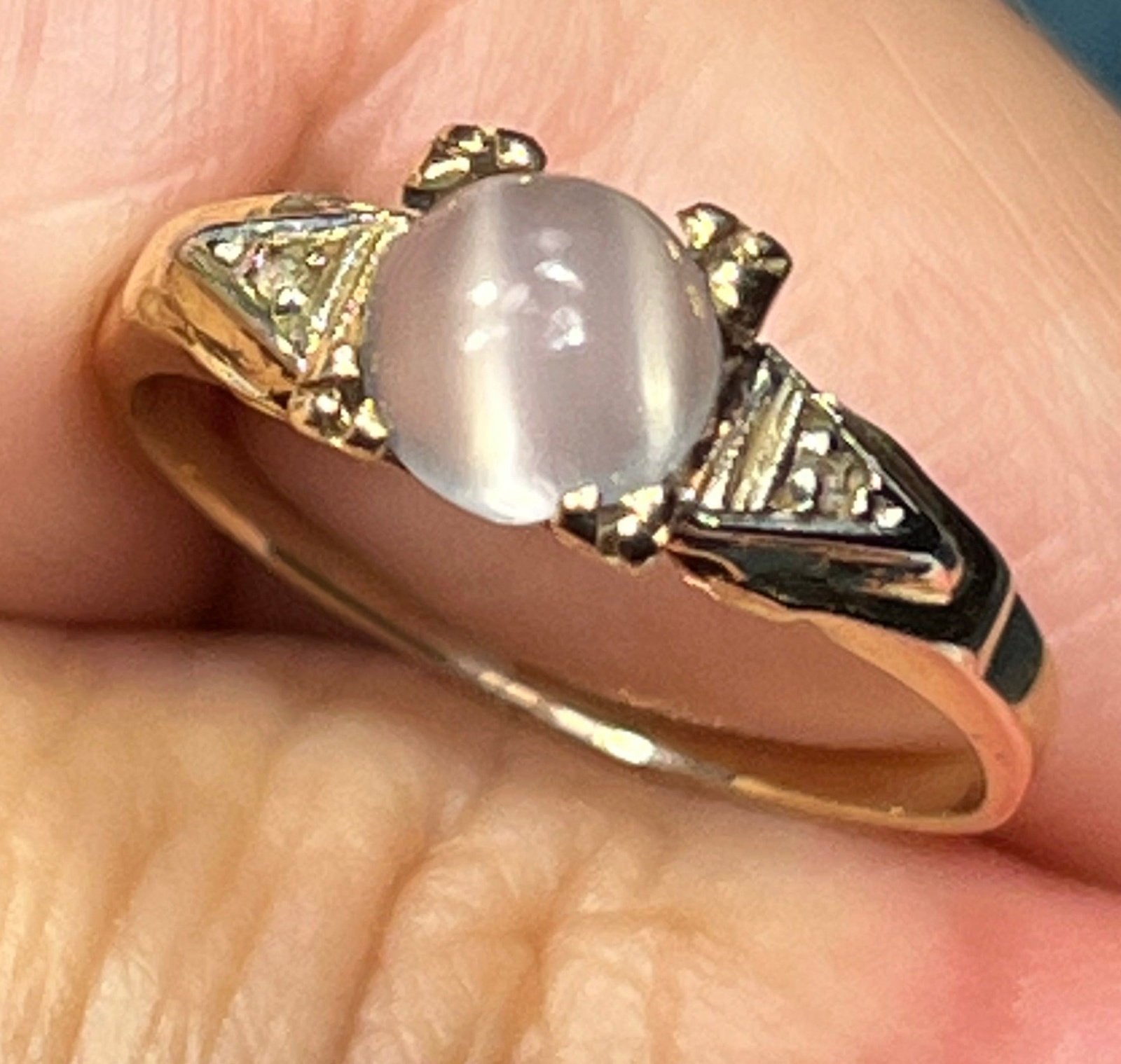 14k White Gold Cats-Eye MOONSTONE + Diamond Deco Ring *Video*