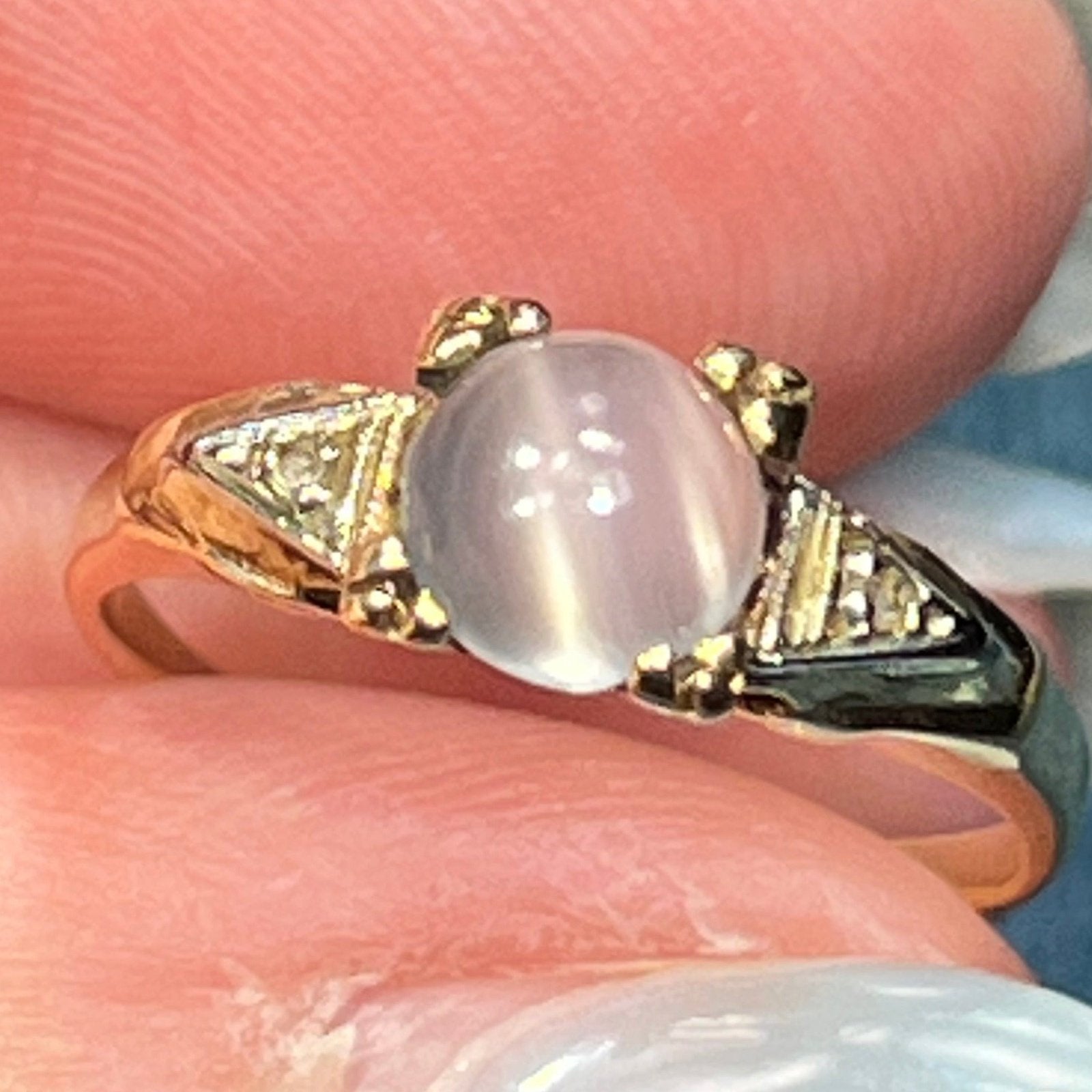 14k White Gold Cats-Eye MOONSTONE + Diamond Deco Ring *Video*
