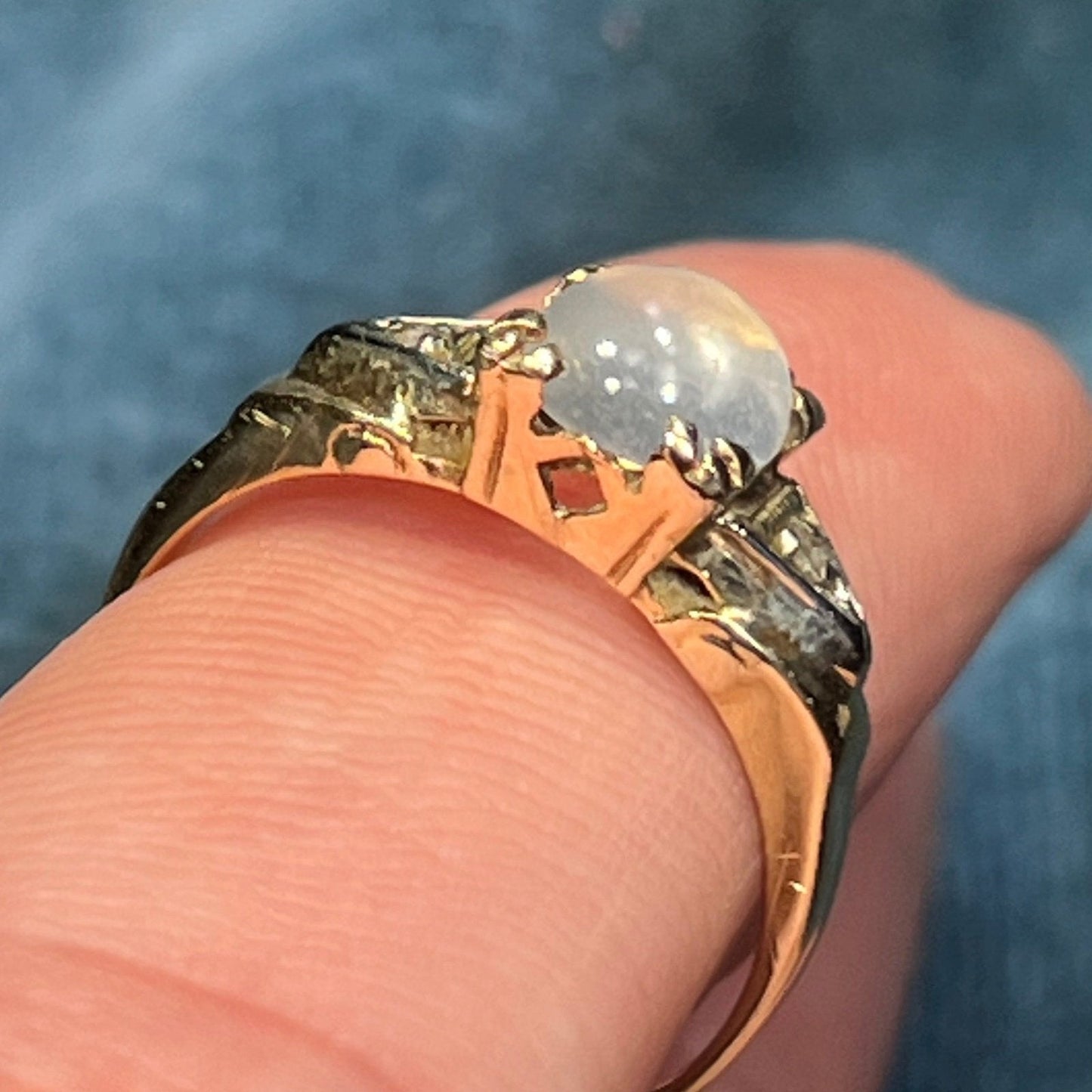 14k White Gold Cats-Eye MOONSTONE + Diamond Deco Ring *Video*