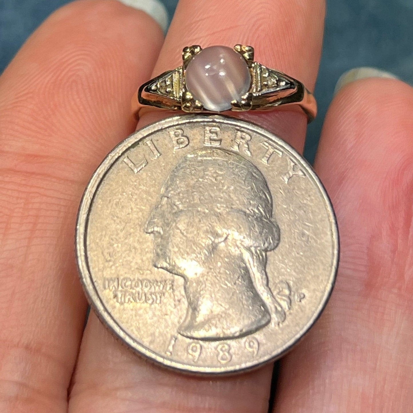 14k White Gold Cats-Eye MOONSTONE + Diamond Deco Ring *Video*