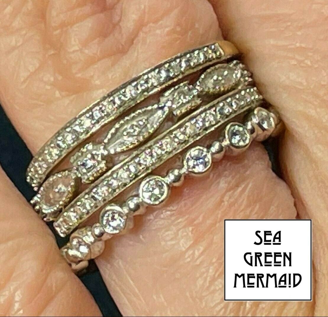 14k White Gold Diamond Milgrain Stacking Ring Band. Tiny !_b40_17