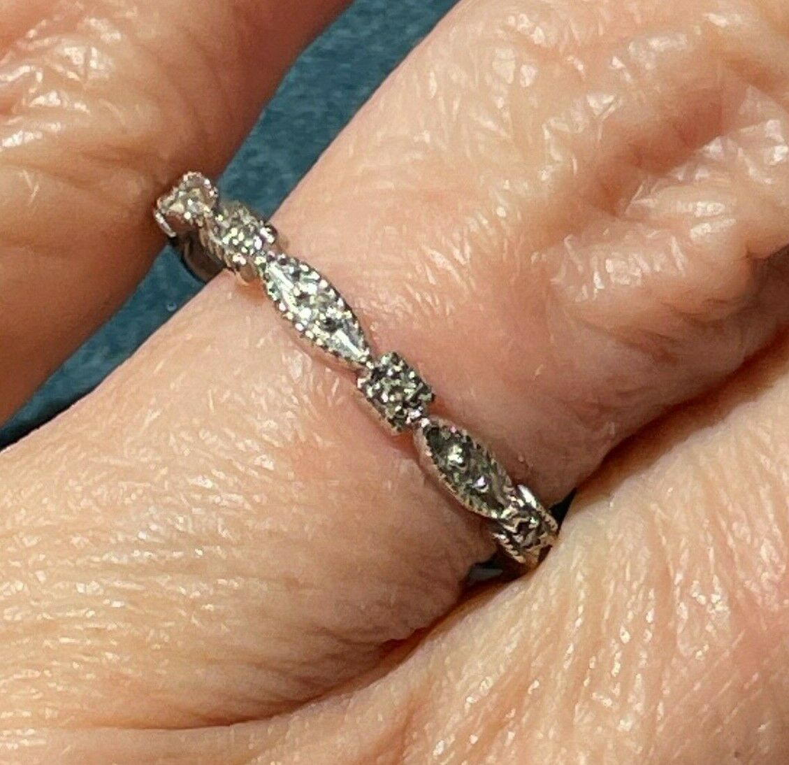 14k White Gold Diamond Milgrain Stacking Ring Band. Tiny !_b40_17