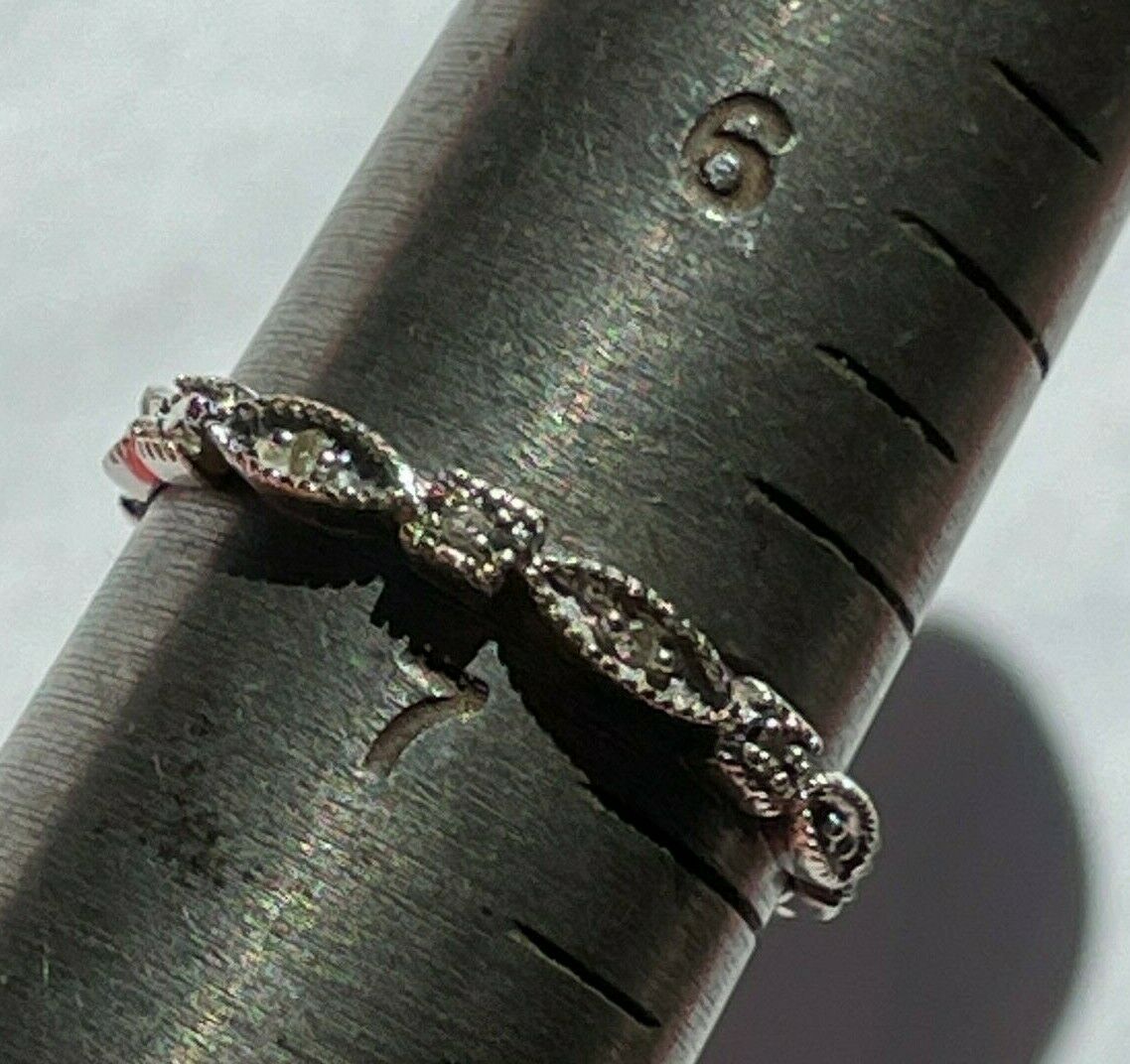 14k White Gold Diamond Milgrain Stacking Ring Band. Tiny !_b40_17