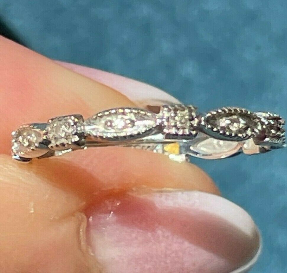 14k White Gold Diamond Milgrain Stacking Ring Band. Tiny !_b40_17