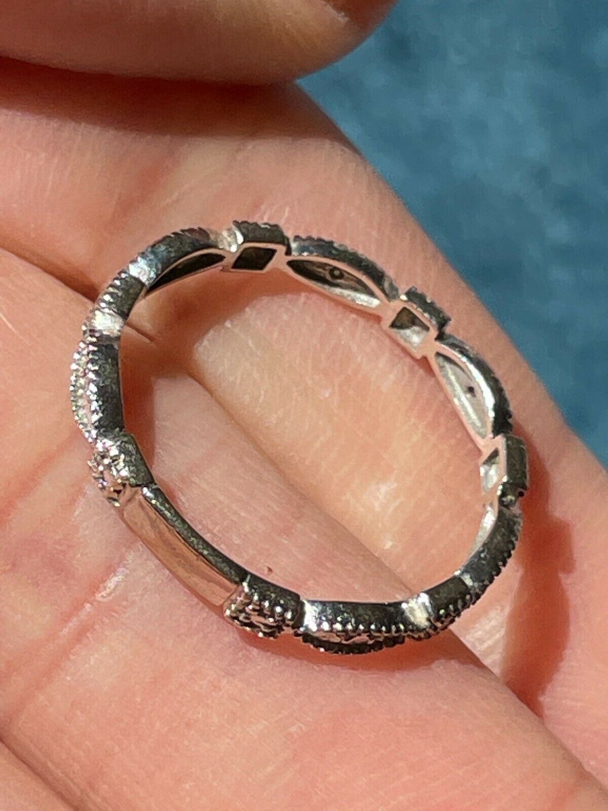 14k White Gold Diamond Milgrain Stacking Ring Band. Tiny !_b40_17
