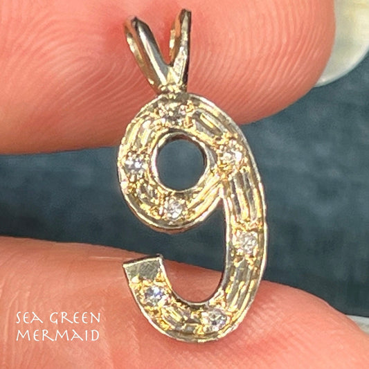 14k White Gold Gypsy-Set Rose-Cut Diamonds Number #9 Pendant. Antique