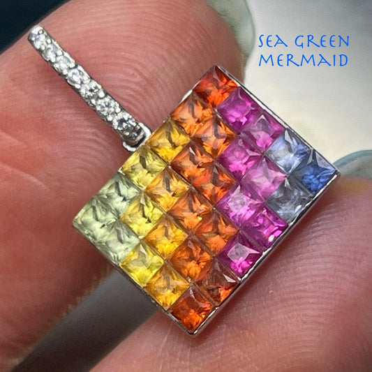 14k White Gold Invisible Set Topaz Rainbow Pendant. Diamonds