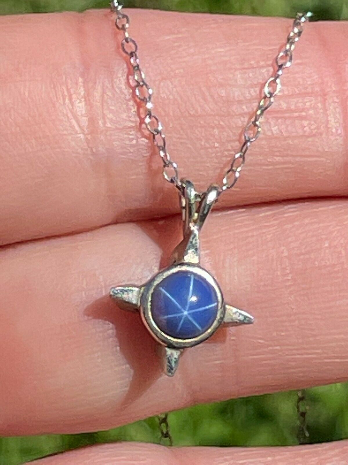 14k White Gold Lindy Royal Blue Star Sapphire Cross Star Pendant. Free Sea Green Mermaid