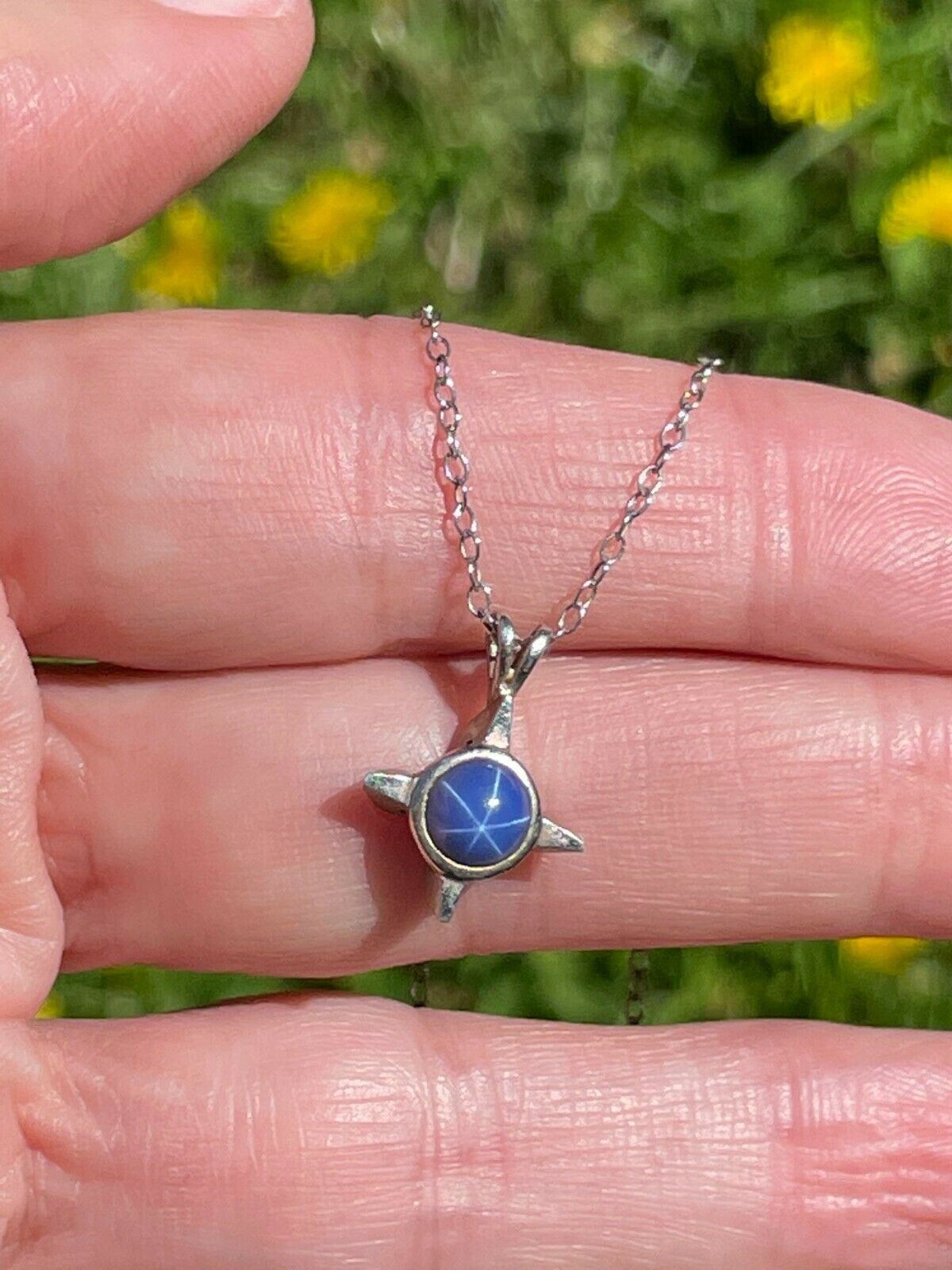 14k White Gold Lindy Royal Blue Star Sapphire Cross Star Pendant