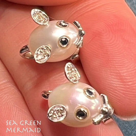 14k White Gold Pearl Mouse Earrings w Blue Sapphires + Diamonds