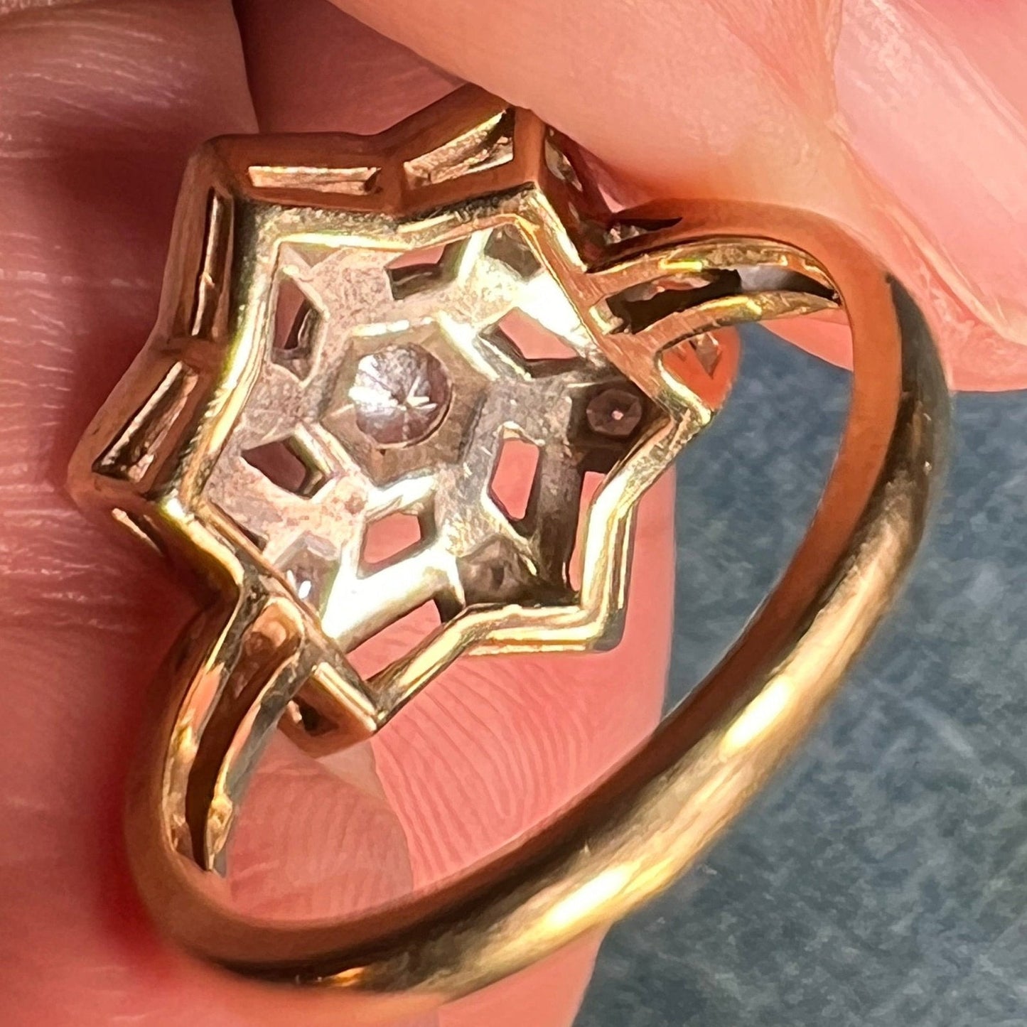 14k White Gold Rose-Cut Diamond Shield Ring. Art Deco