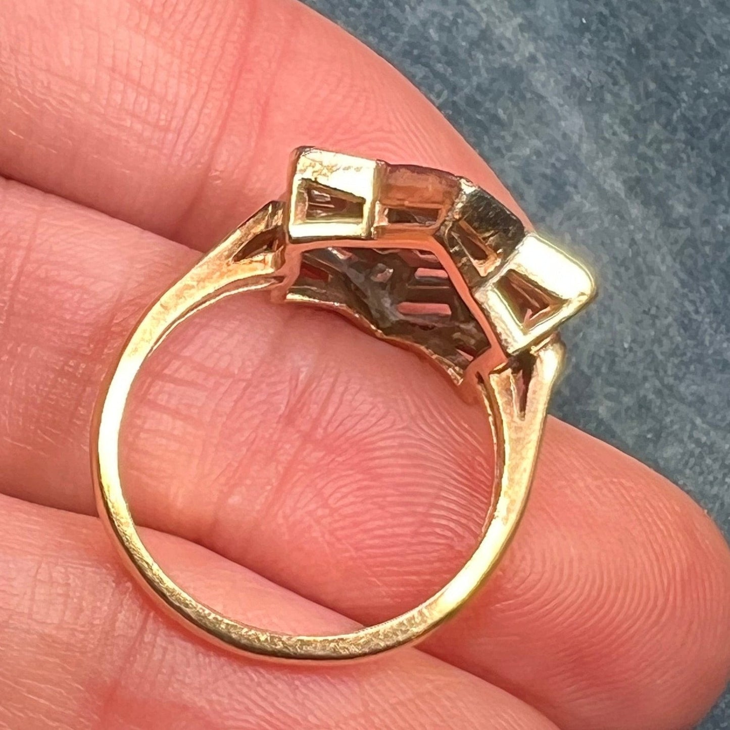 14k White Gold Rose-Cut Diamond Shield Ring. Art Deco
