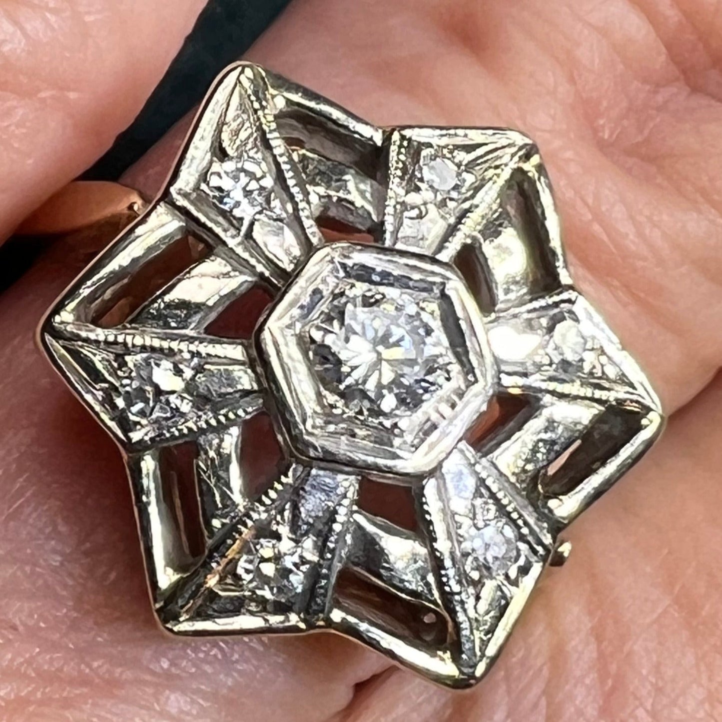 14k White Gold Rose-Cut Diamond Shield Ring. Art Deco