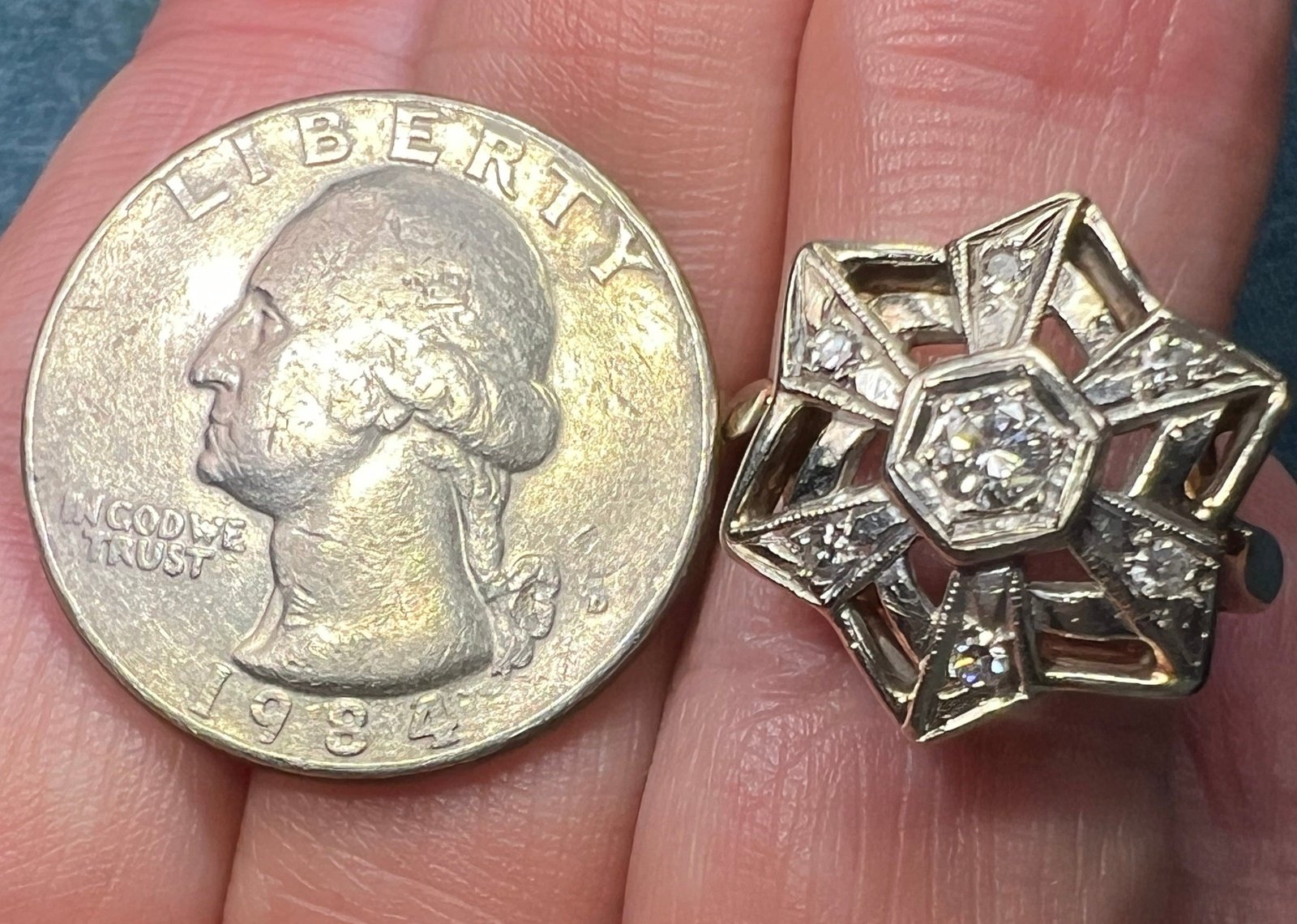 14k White Gold Rose-Cut Diamond Shield Ring. Art Deco