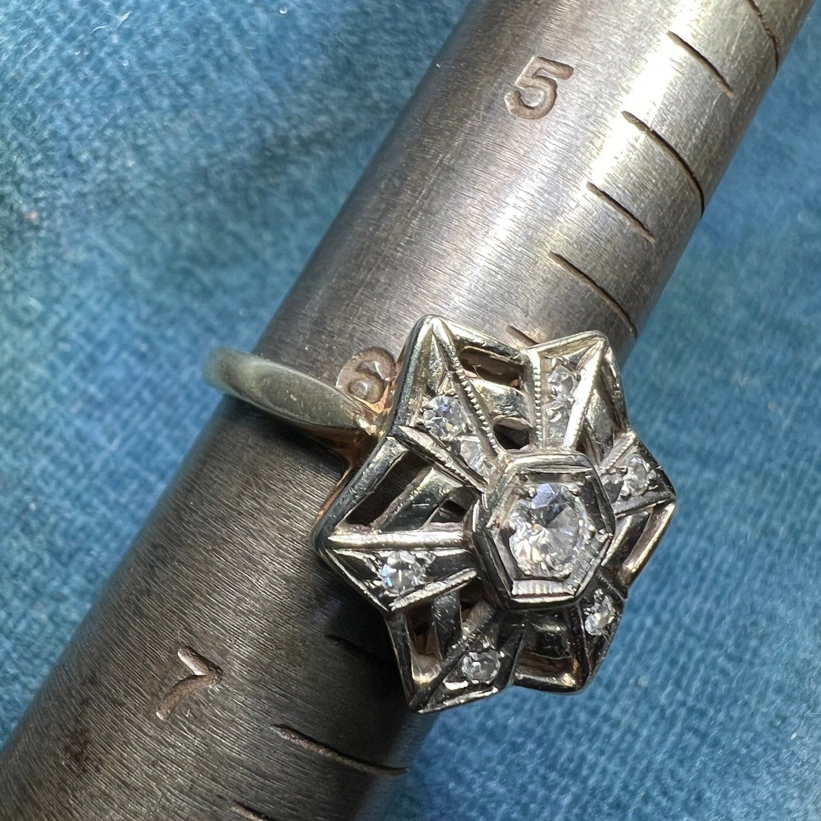 14k White Gold Rose-Cut Diamond Shield Ring. Art Deco