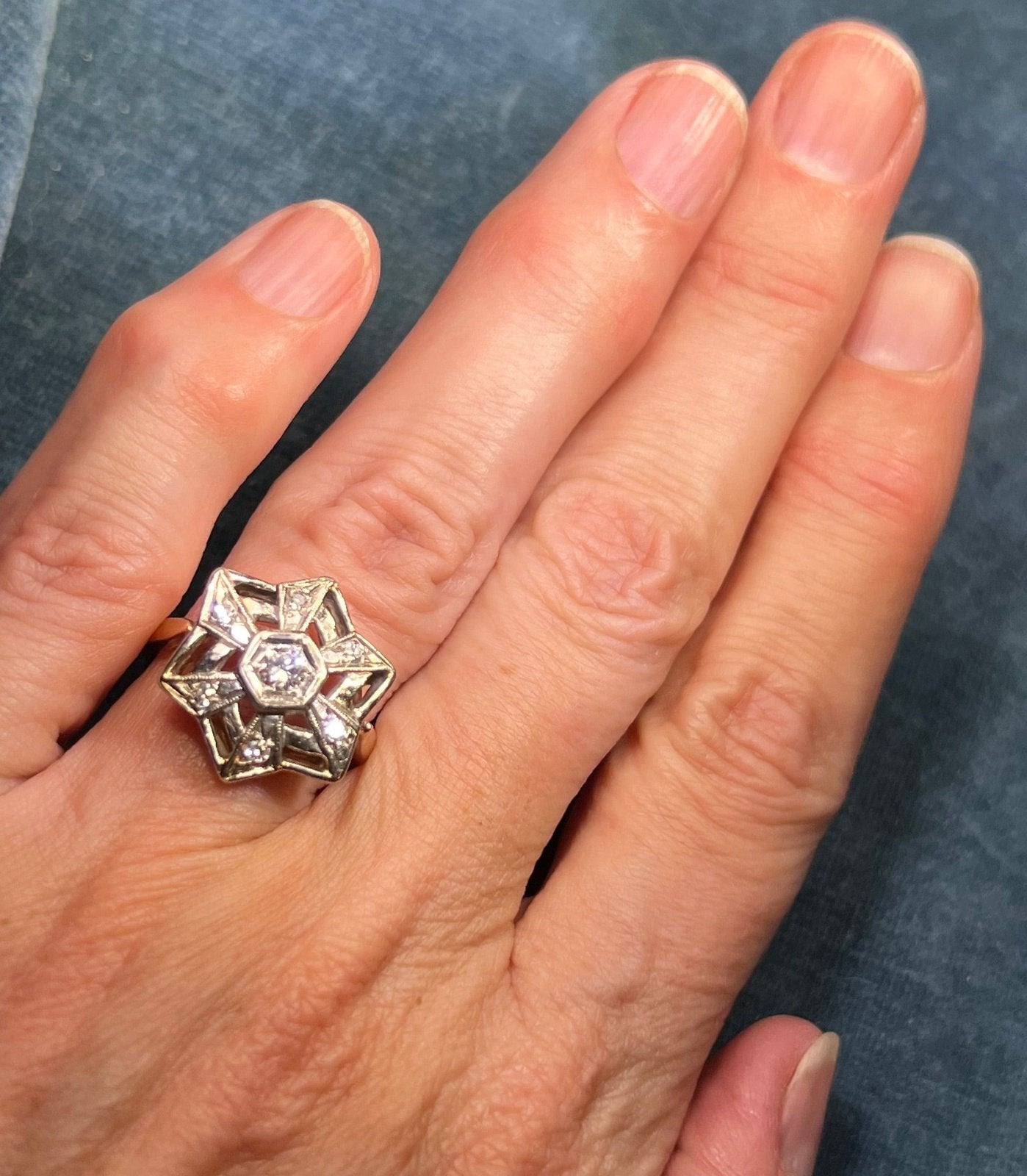 14k White Gold Rose-Cut Diamond Shield Ring. Art Deco