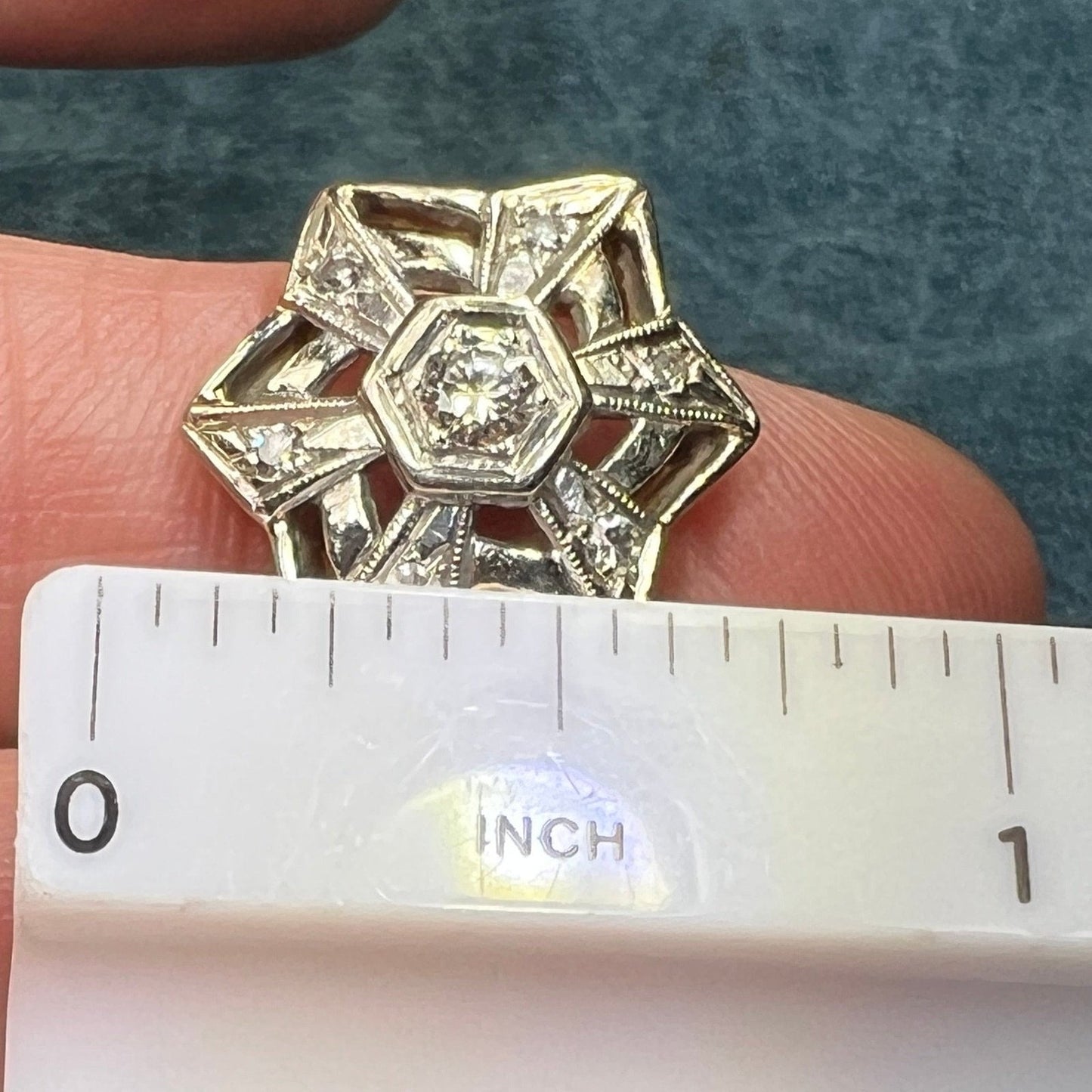 14k White Gold Rose-Cut Diamond Shield Ring. Art Deco