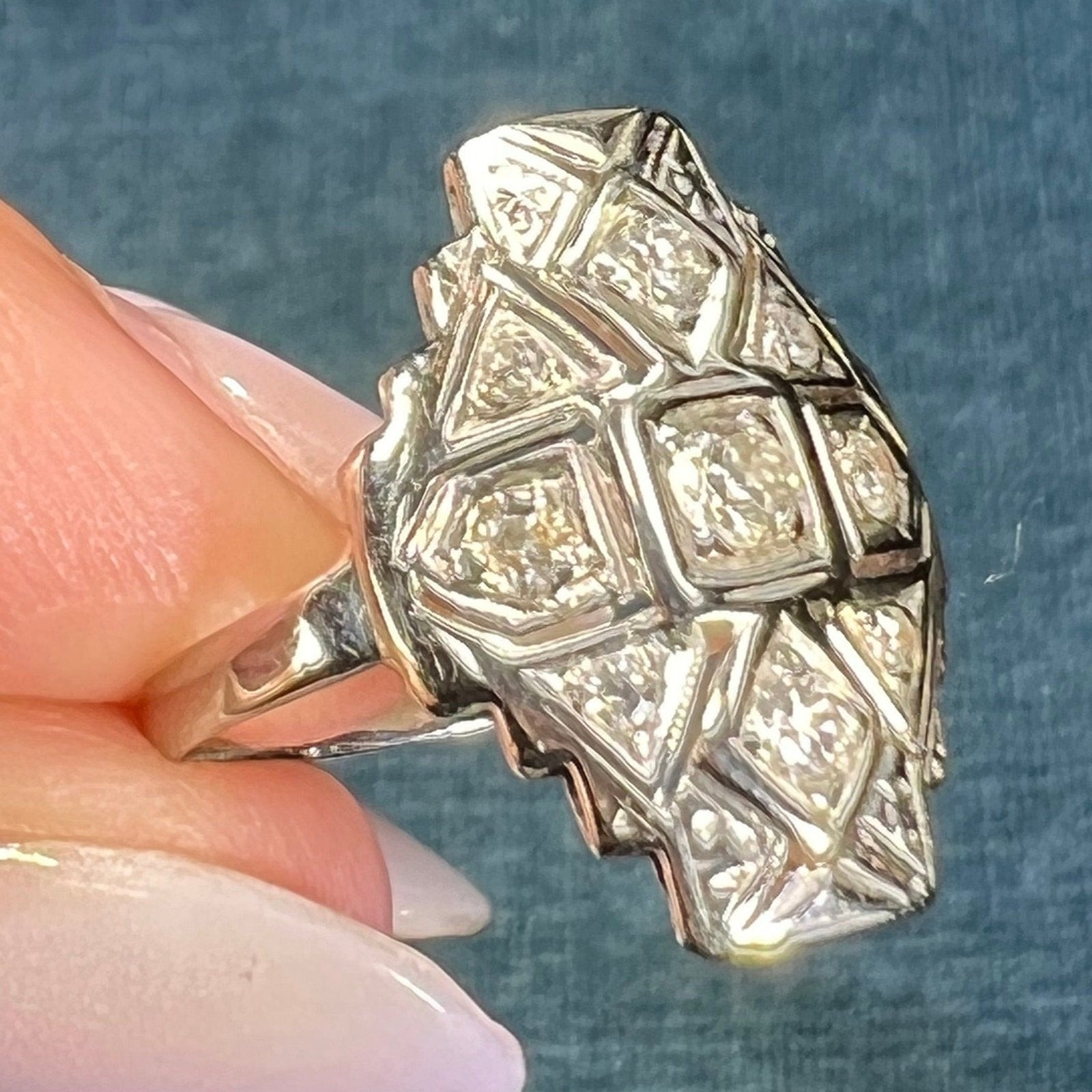 14k White Gold Rose-Cut Diamond Stepped Shield Ring. Art Deco